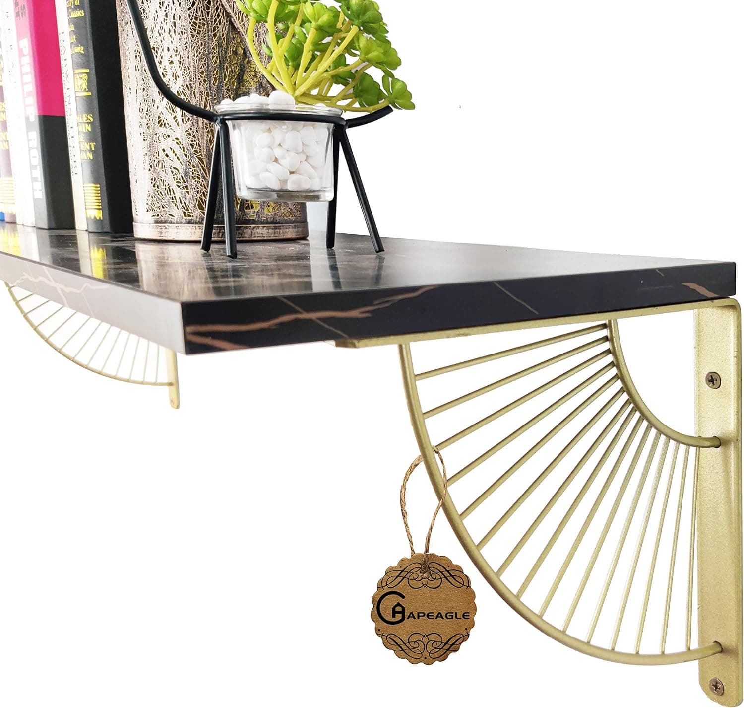 apeagle Shelf Brackets Support for Floating Shelves Angle L Heavy Duty Metal Supporting Wall mounting Wood Shelving Gold Color (Wood not Included) (7.8 inches)