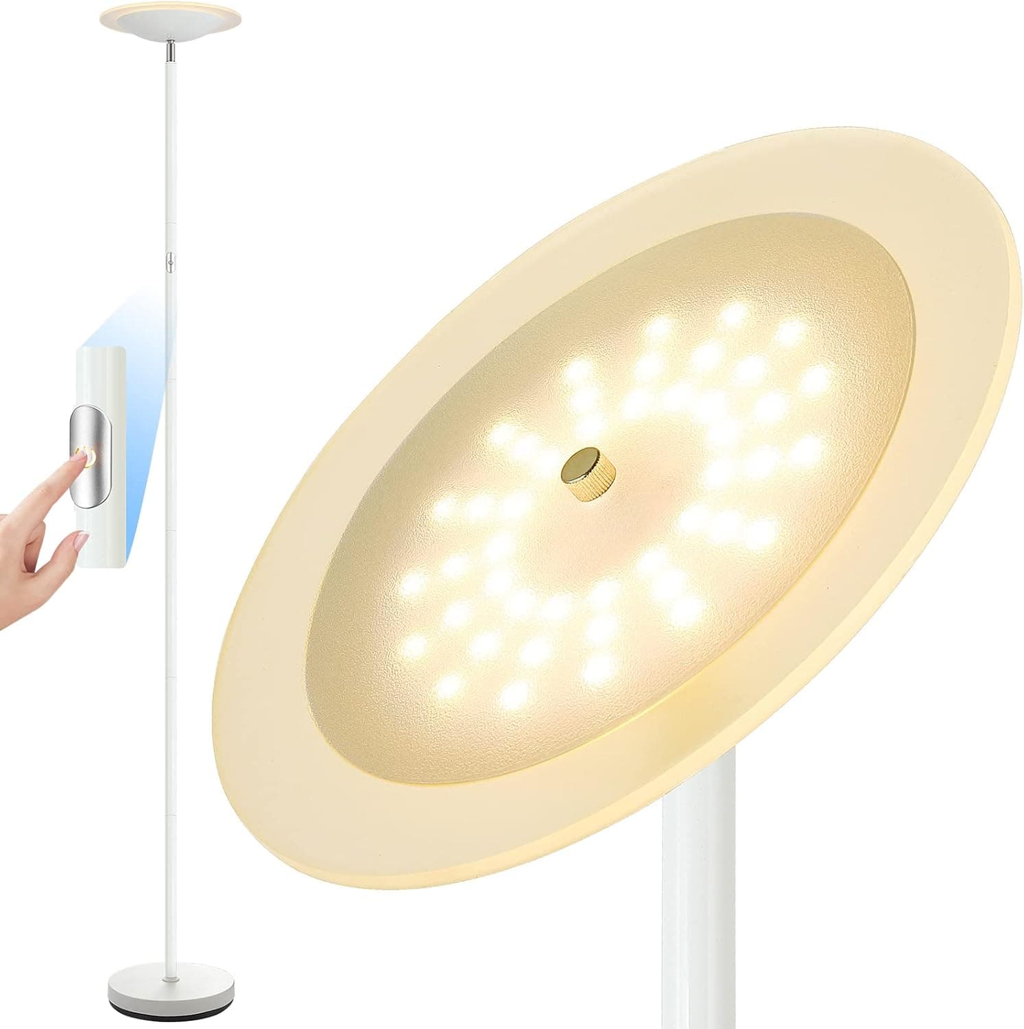 LED Floor Lamp, Standing Lamp, 71" Tall Torchiere Floor Lamps, 20W Super Bright Floor Lamp for Office, Stepless Dimmable Lamp, Touch Control, 3000K Lighting, White Metal Pole Lamps for Living Room