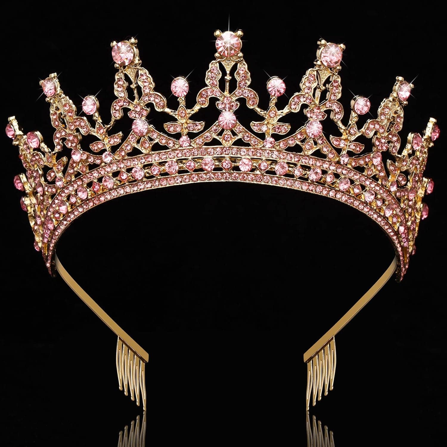 Makone Tiara and Crown with Comb for Women and Girls Crystal Headbands Queen Hair Accessories for Birthday Bridal Bridesmaids Wedding Prom Halloween Costume Cosplay Christmas (Gold-pink)