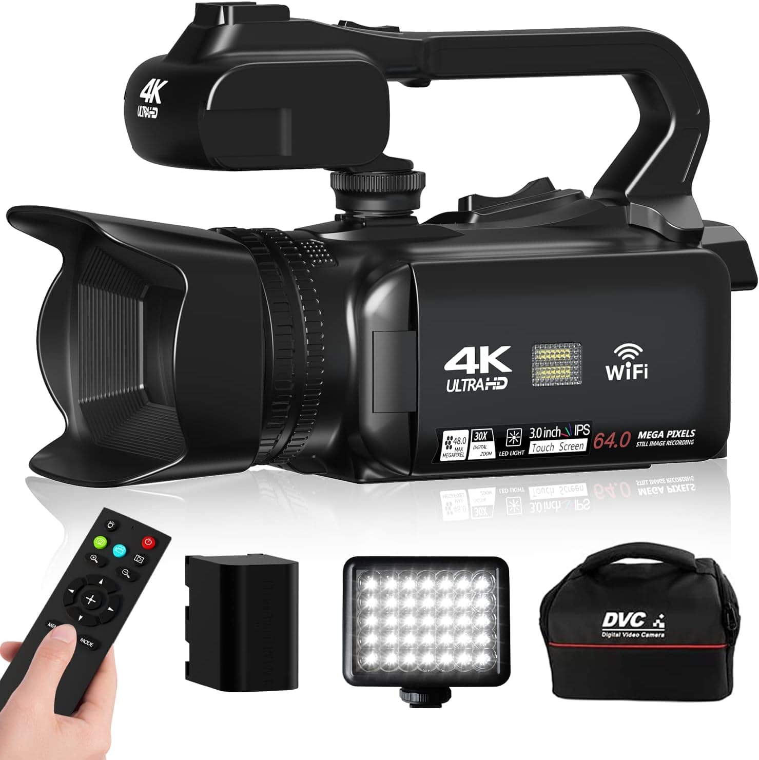 Video Camera, 4K Camcorder 64MP 60FPS Manual focus, 4.0" Touch Screen 18X Digital Zoom Vlogging Camera for YouTube, with WiFi, Fill Light, Remote Control, 64GB SD Card and Batteries (2022 Upgrade)