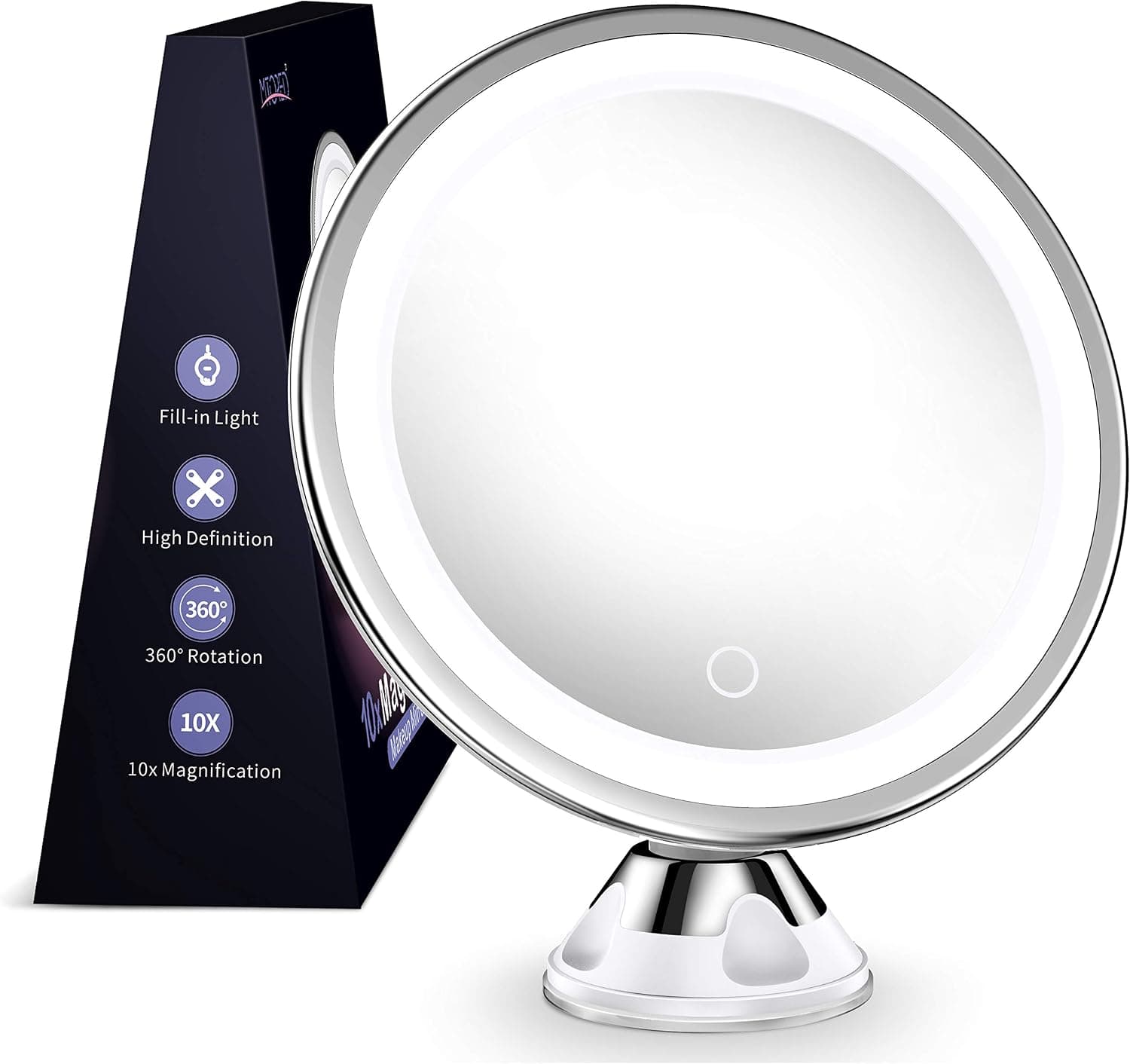 MTORED 10x Magnifying Lighted Makeup Mirror with 360° Rotation, Touch Sensor Control, Natural Daylight LED Light, Powerful Locking Suction Cup, Cosmetic Mirror for Home, Bathroom, Vanity and Travel