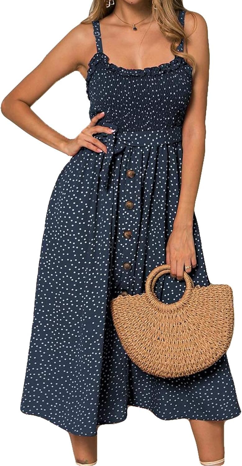 LOMON Women’s Dresses Summer Beach Boho Ruffle Sleeveless Sundress Adjustable Straps Backless Swing Midi Dress
