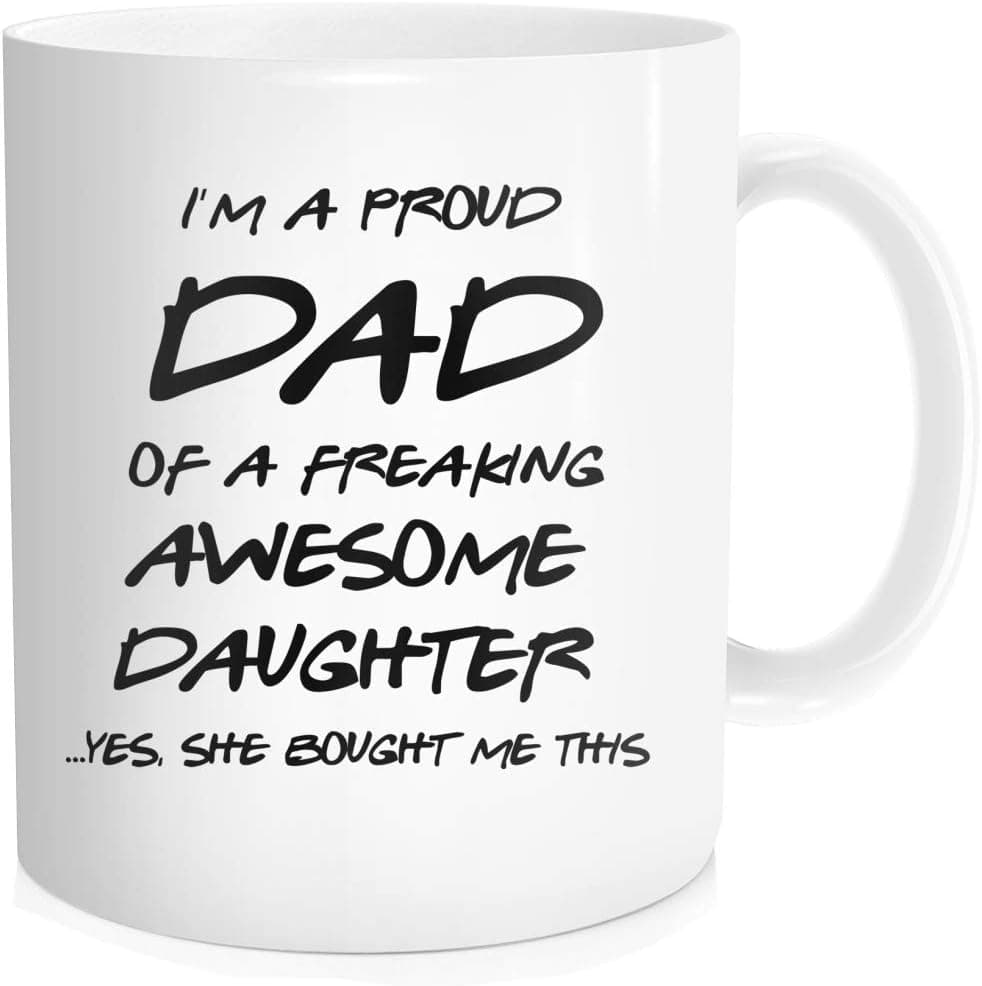 Waldeal Proud Dad of A Freaking Awesome Daughter Coffee Mug, Best Gift for Daddy On Father's Day Birthday, White Fine Bone Ceramic 11 OZ