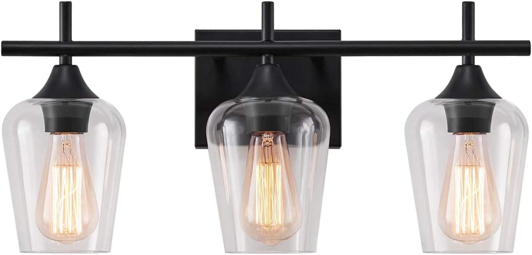 LHLYCLX Bathroom Vanity Light Fixtures, Black 3-Light Vanity Light with Clear Glass Shade, Modern Bathroom Wall Sconce Light Fixture