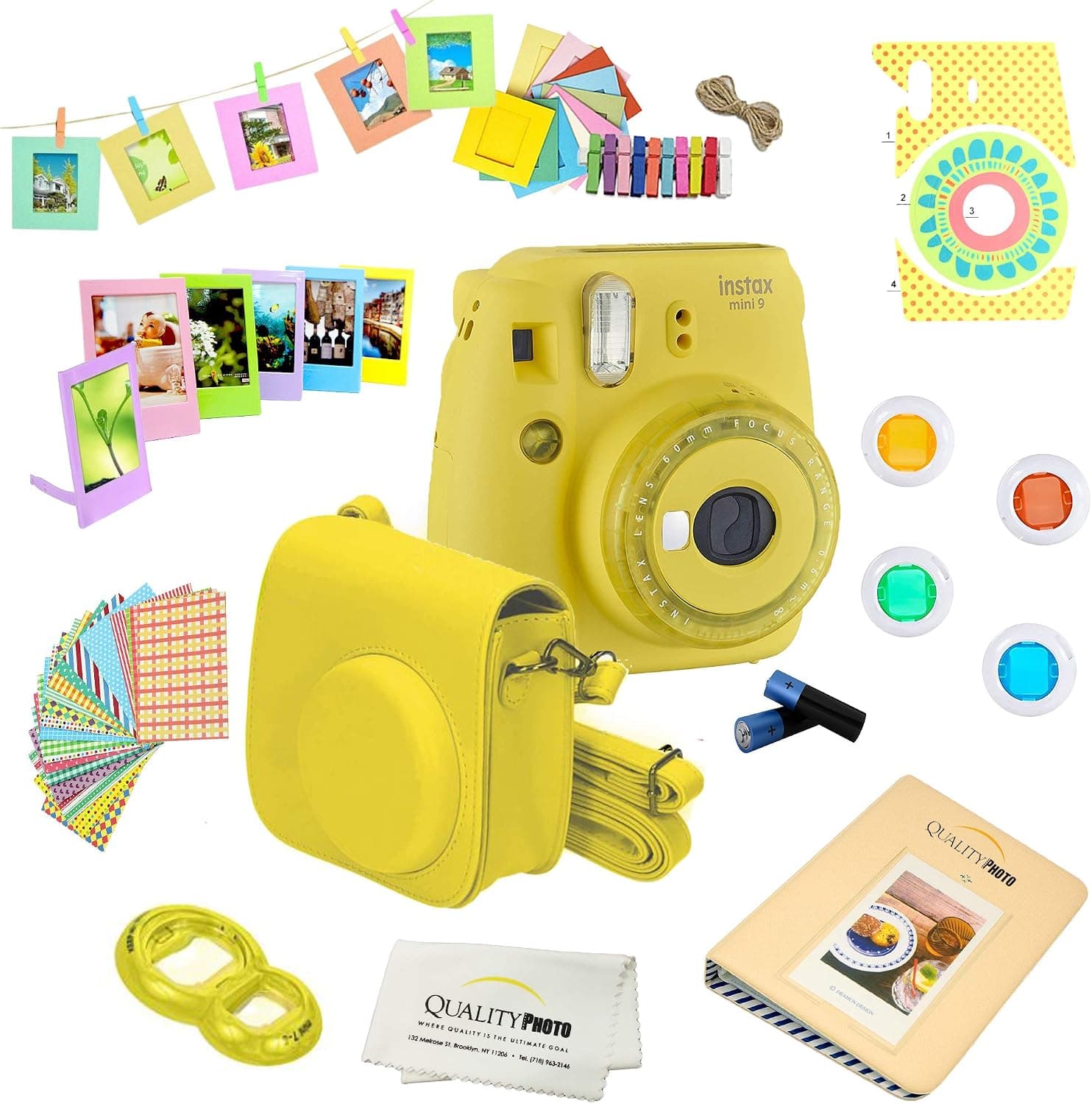 Fujifilm Instax Mini 9 Camera + 14 PC Instax Accessories kit Bundle, Includes; Instax Case + Album + Frames & Stickers + Lens Filters + More (Yellow)