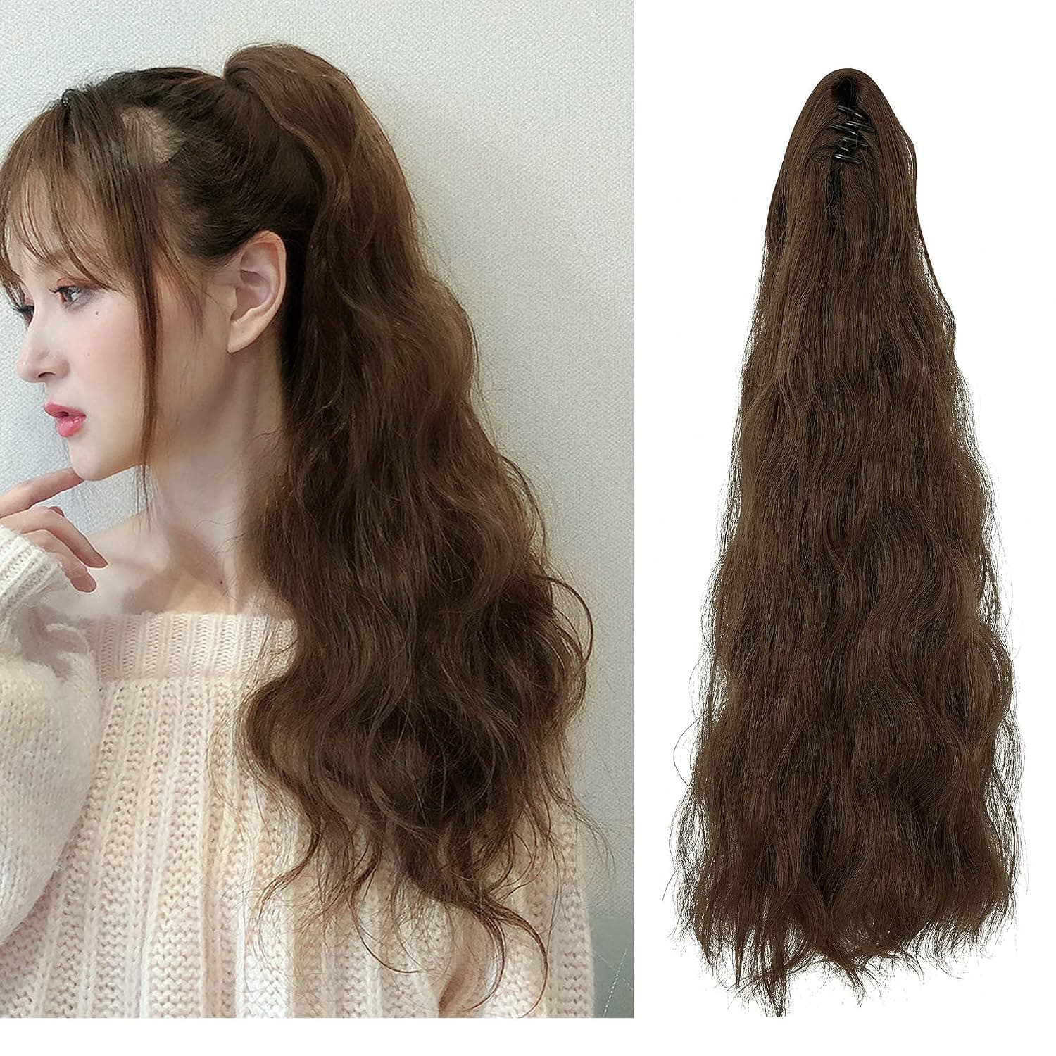 Ponytail Extension Claw Clip in Long Curly Ponytail Hair Extension Natural Looking Synthetic Hair Piece for Women Girls 12#Light Chestnut Brown 18"
