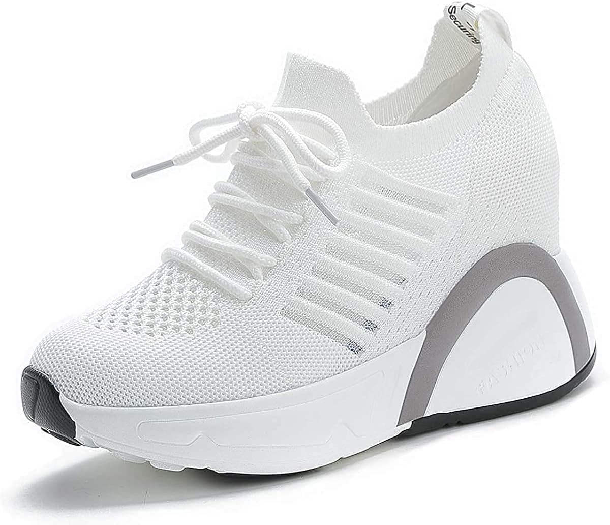 AONEGOLD Womens Luminous Platform Sneakers Wedges high-top lace-up Shoes to Increase Fashion Sneakers Invisible Height Increase Lightweight Casual Sneakers for Girls 58White 35