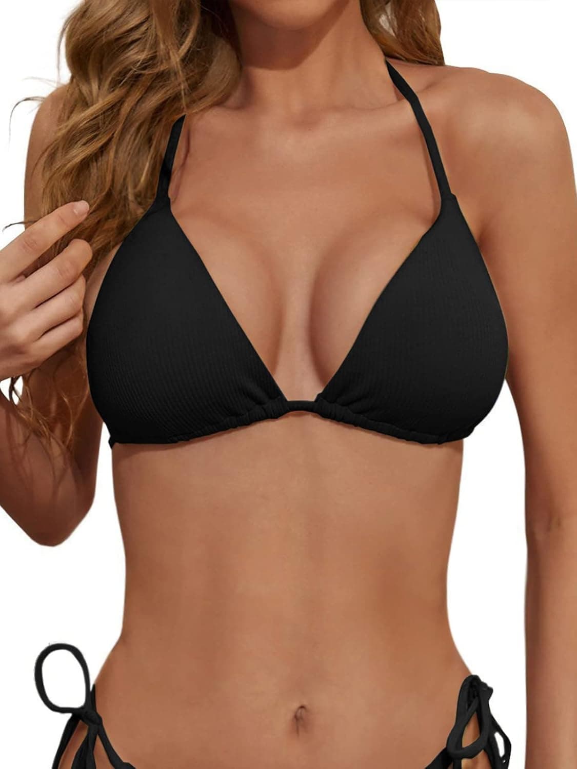 Zuvebamyo Women's Triangle Bikini Top Ribbed Push up Padded Halter String Bathing Suits Top