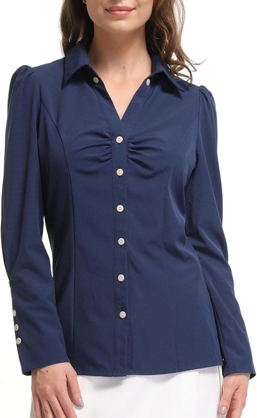 MISS MOLY Women's Long Sleeve White Collar Shirt Button Down V Neck Ruched Front Tops Work Blouse for Office and Casual