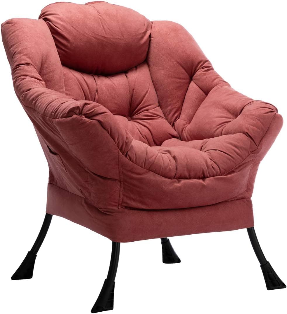 AcozyHom Modern Large Cotton Fabric Lazy Chair, Accent Contemporary Lounge Chair, Single Steel Frame Leisure Sofa Chair with Armrests and A Side Pocket, Brick Red