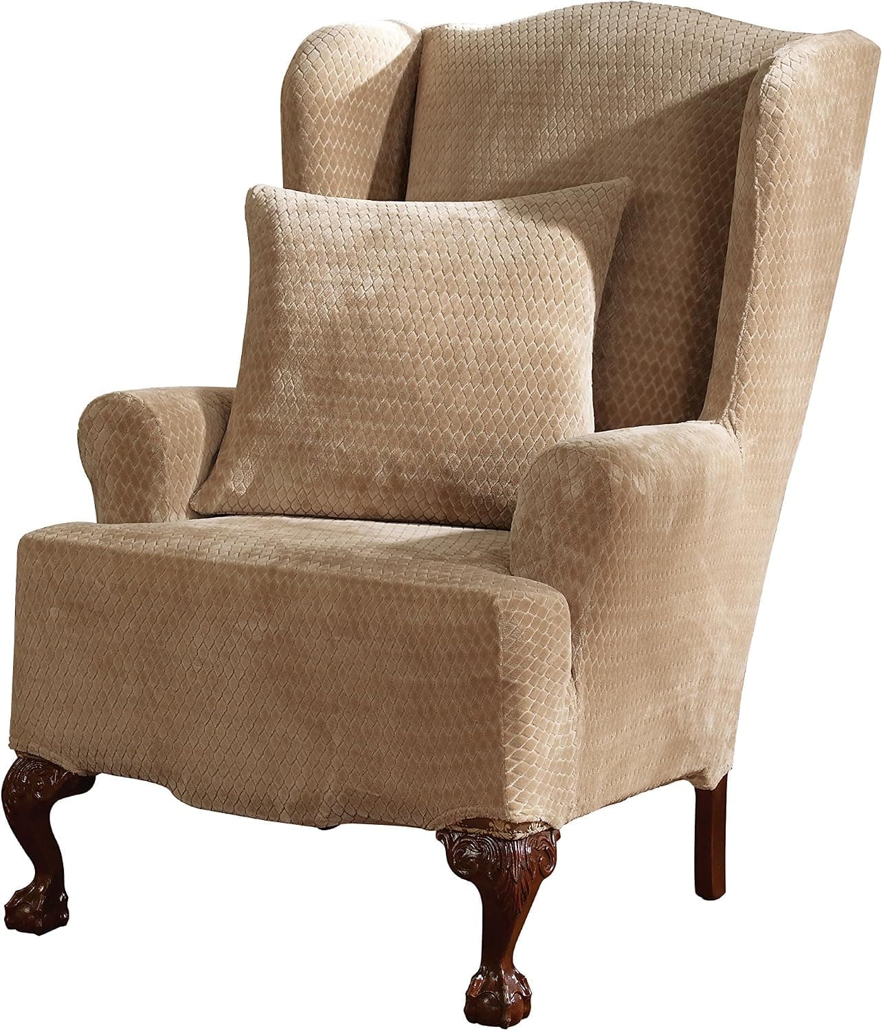 SureFit Stretch Royal Diamond - Wing Chair Slipcover - Cream