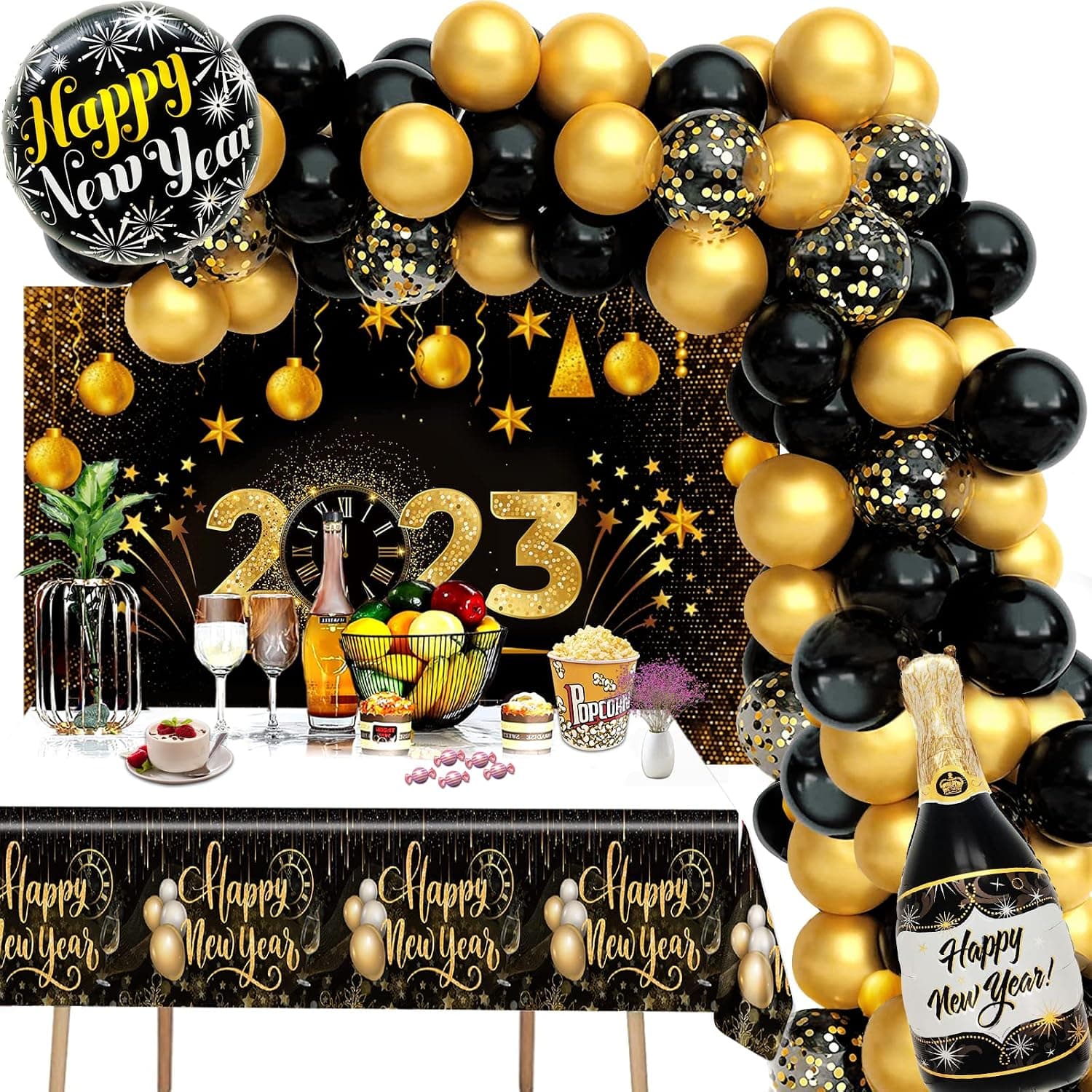 New Years Eve Party Supplies 2023 Black Gold Happy New Year Banner ,Black and Gold Confetti Balloons,Tablecloth Kit Happy New Year Birthday Party Decorations