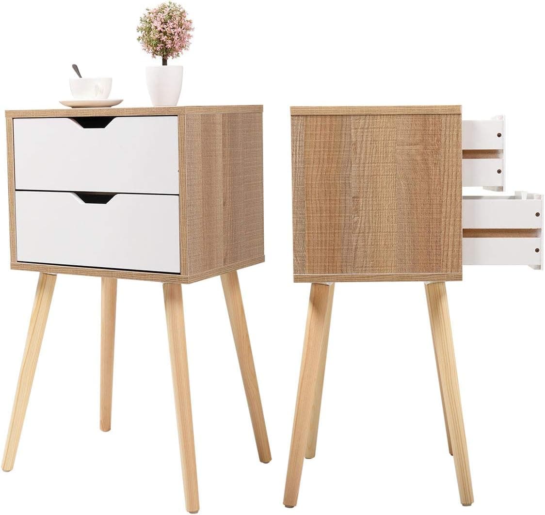 Set of 2 Drawers End Table Storage 2 Nightstand, Wood Cabinet Bedroom Accent Side Table, White&Walnut