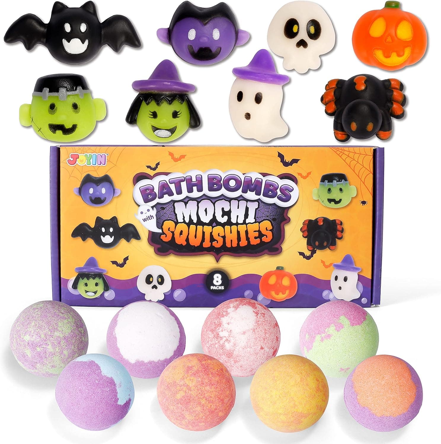 JOYIN Halloween Bath Bombs for Kids with Mochi Squishy Toys Inside,8 Packs Bubble Bath Bombs with Surprise Toys，SPA Bath Fizzies Set, Great Gift Set for Birthday, Halloween for Boys and Girls