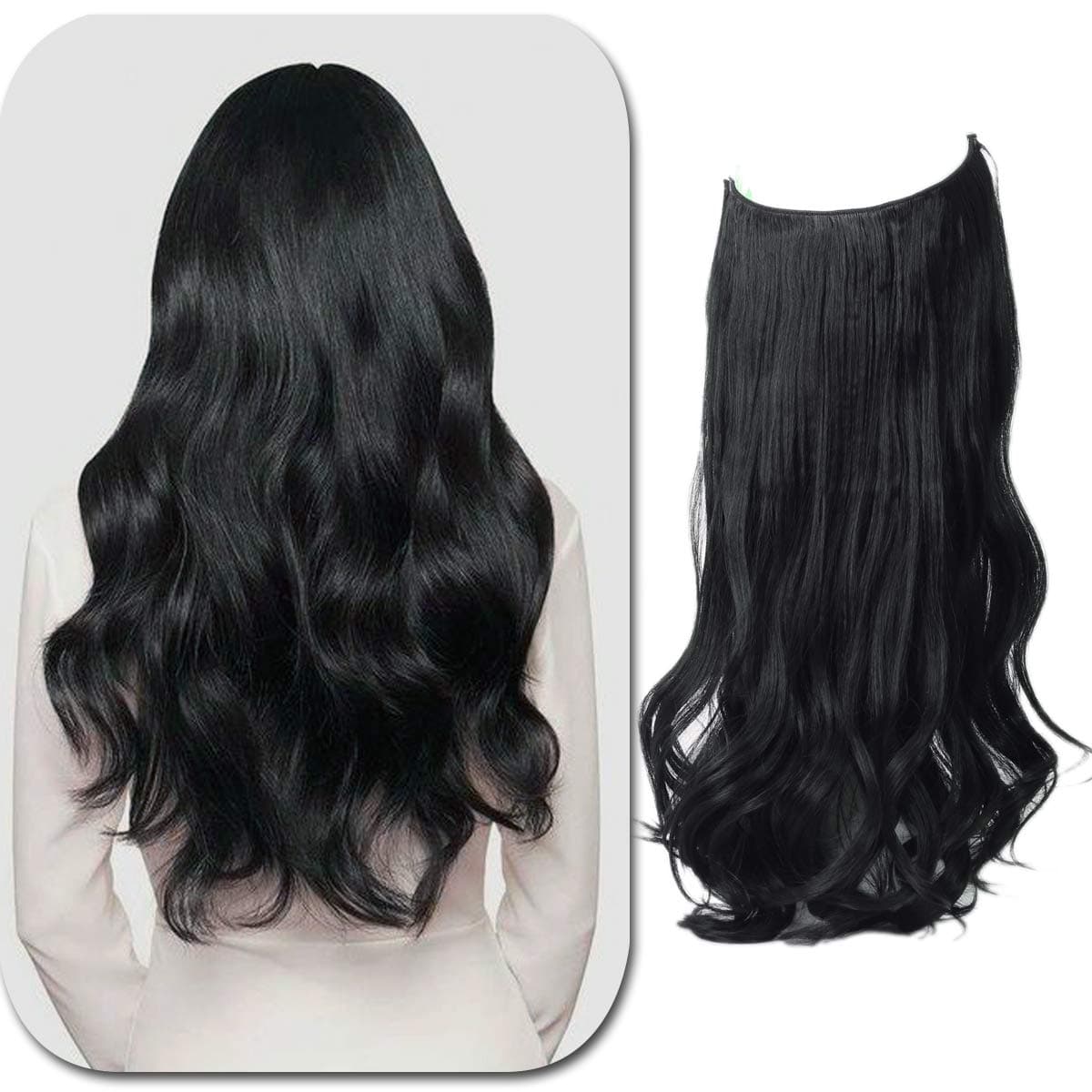 Halo Hair Extensions Invisible Secret Wire Crown Heat Resistant Fiber Synthetic Wavy Curly Clip in Hairpieces For Women No Glue No Tape (22, 1B)