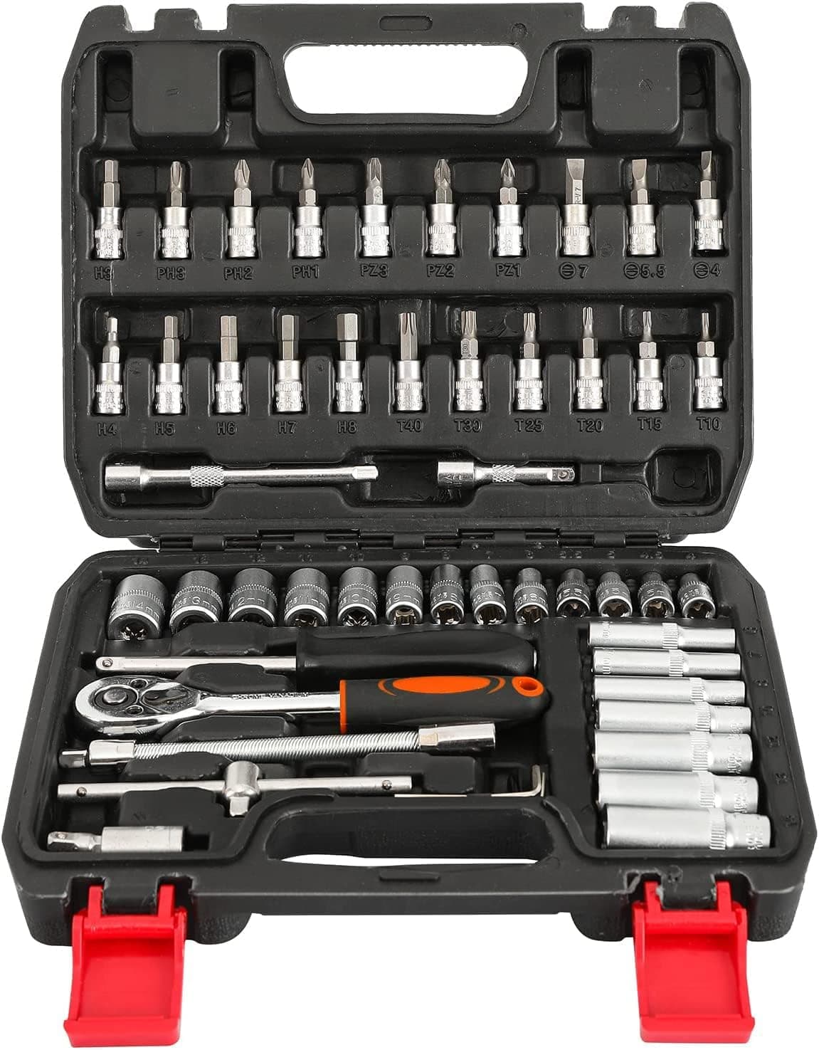 BuoDe 53pcs 1/4-Inch Socket Wrench Set, Drive Master Socket Set with Ratchets, Adapters, Mechanic Tools Kit Bit Sockets for Automotive Repair & Household, Metric