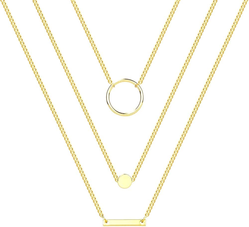 LATEEFAH Dainty Layered Choker Necklace, Handmade 14K Gold Plated Y Pendant Necklace Multilayer Bar Disc Necklace Adjustable Layering Choker Necklace